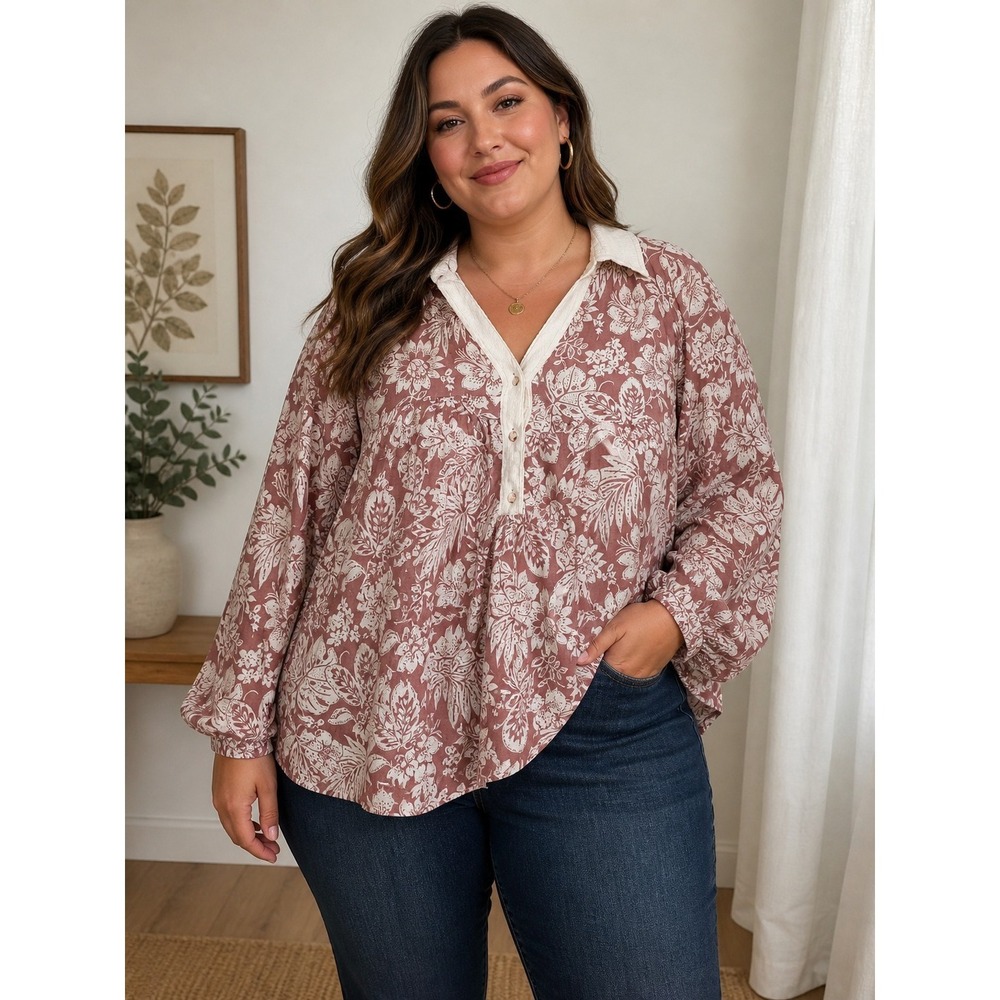 Easel Los Angeles Floral Boho Tunic Top 1X Brown Cream Button Front Lightweight